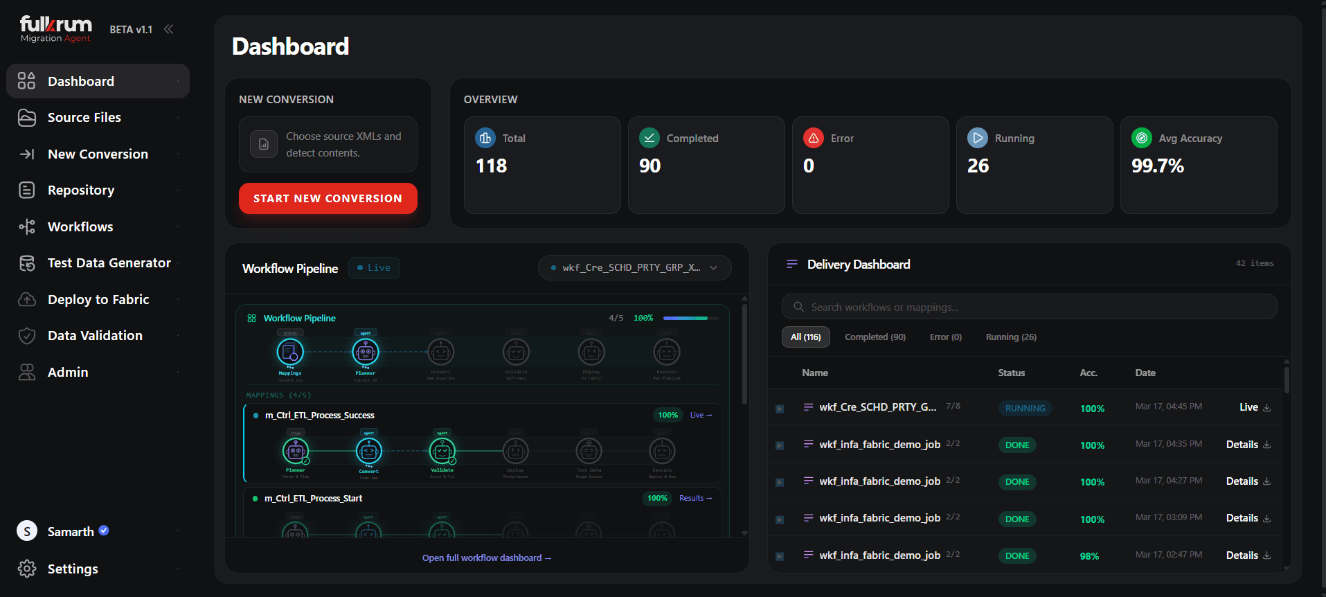 Fulkrum Migration Agent dashboard showing automated ETL modernization process